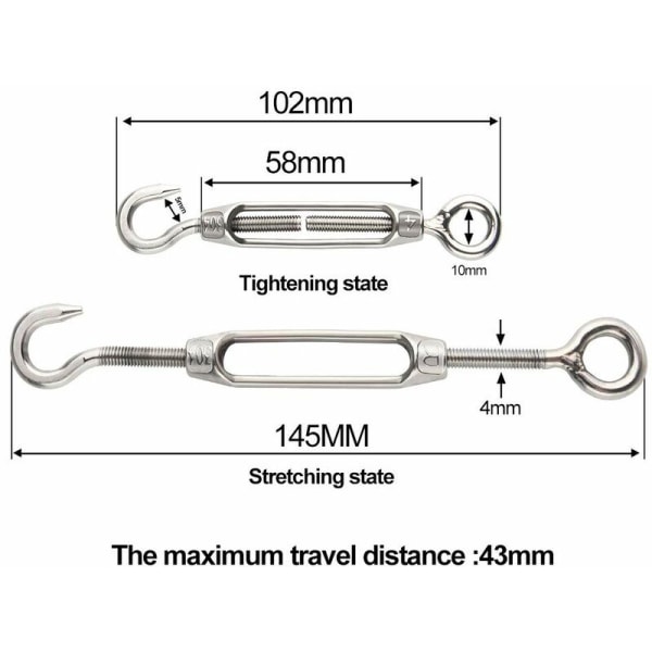 6 stk. Wire Tensioner M4 Rustfritt Stål Justerbar Turnbuckle Hook And Eye Set H