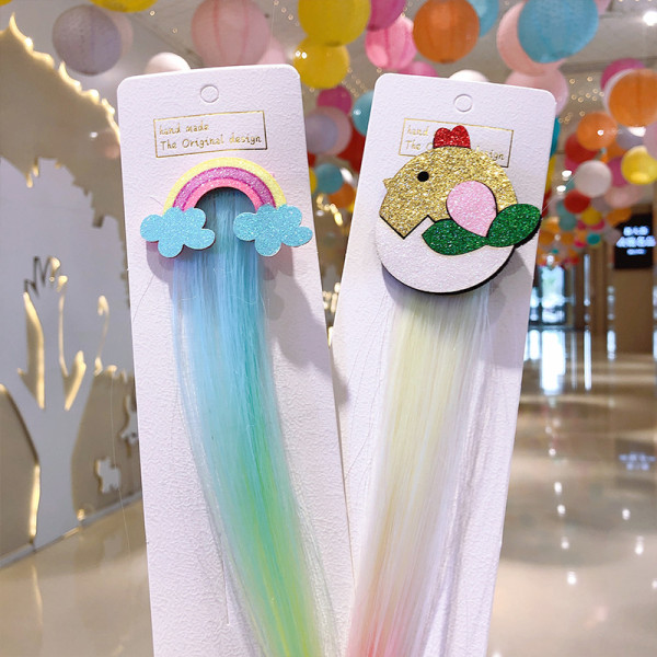 7 farver enhjørning bue clips med farvet hår extensions glitter sommerfugl hår clips parykker krøllet ponytails hår sløjfer prinsesse dress up hovedbeklædning hestehale tilbehør