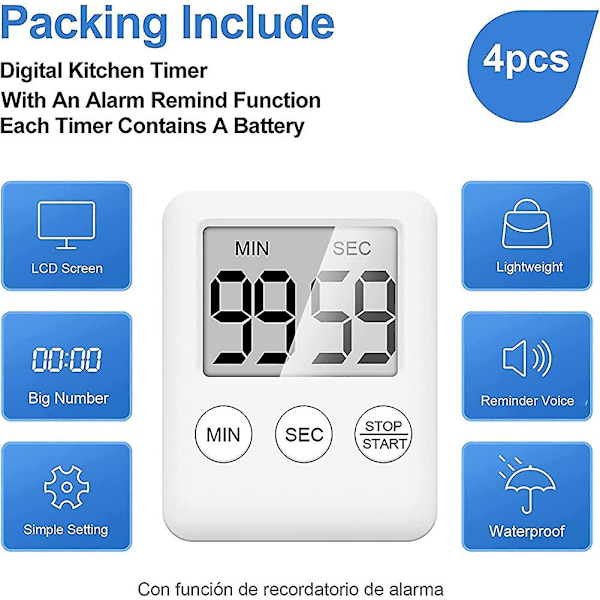 Stopur, digitalt minutur med høj alarm, 3 i 1 installationsmetode mini køkkentimer