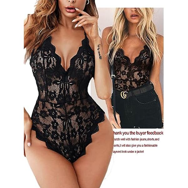 Naisten body syvä V teddy seksikäs pitsi body, musta XL