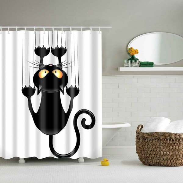 Polyester Duschdraperi, Textil Badgardin, Svart Katt Mönster
