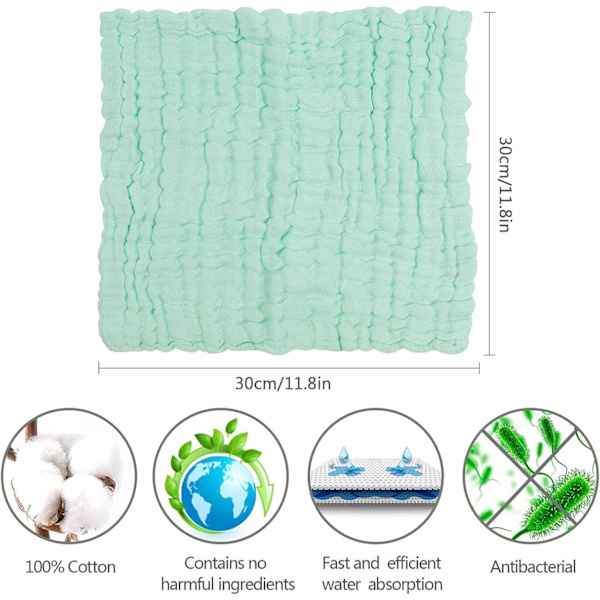 10 stk. Baby Muslin Vaskeklude, 100% Økologisk Bomuld, Genanvendelige Baby Ansigtshåndklæder, 30 x 30 cm Ekstra Bløde Vaskbare Vaskeklude til Nyfødt Hud (Grøn)