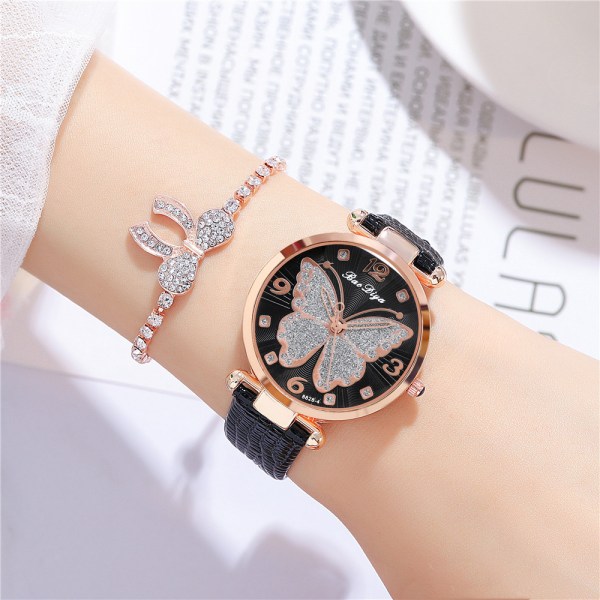 Kvindeurs Butterfly Dial Quartz Ur, Dame Casual Bælte Ur, Sort