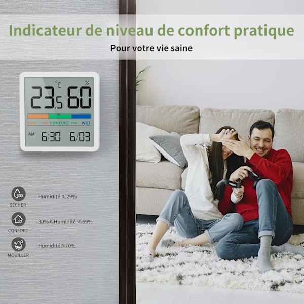 Innendørs Hygrometer og Termometer - Digital Temperatur- og Fuktighetsmåler med Klokka