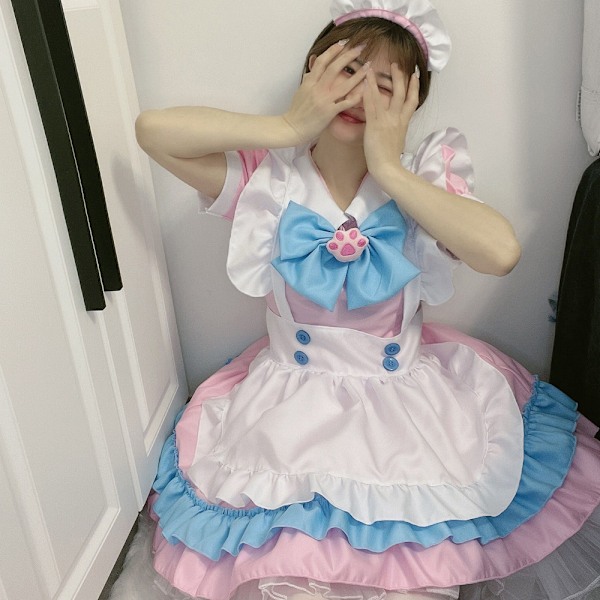 Anime söpö palvelijatta asu tytöille naisille pitsi reunus esiliina kissa tassu Lolita mekot Cosplay täydellinen setti-M