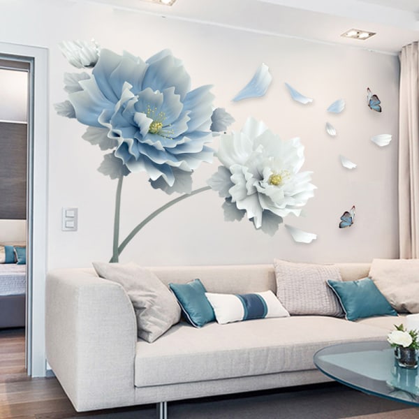 Sininen valkoinen kukka seinätarra Suuri Lotus seinätarrat kukka- ja perhosseinä