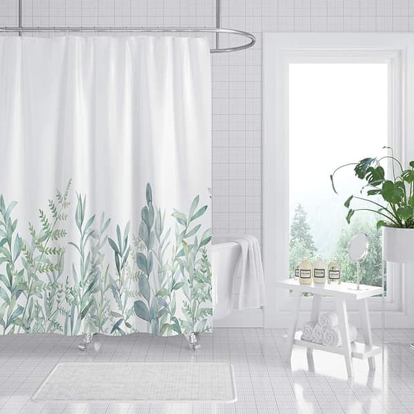 Textil Duschdraperi med Gröna Blad och Blommor Mönster - Wi