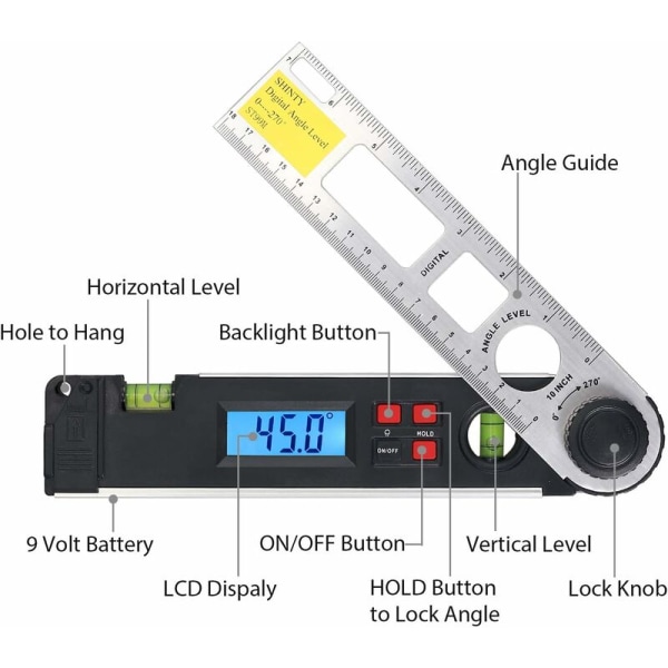 Digital vinkelmåler Goniasmometer Lineal 180mm 0-270° Digital Incli