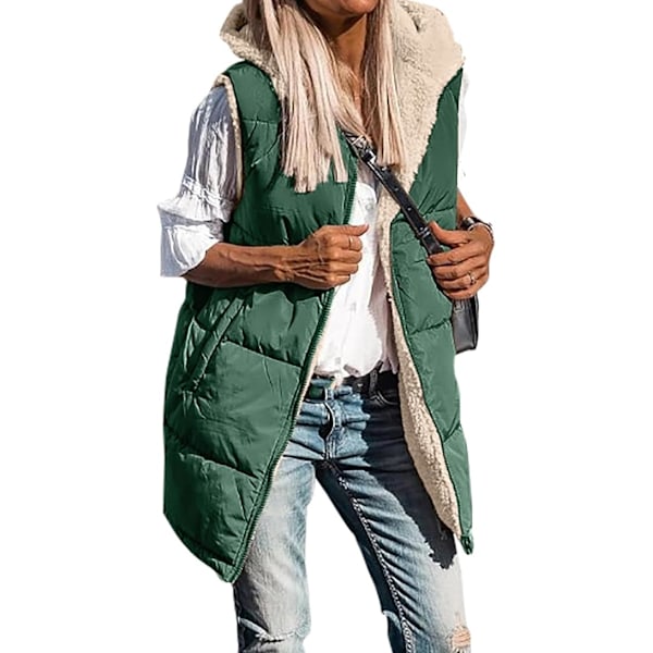 (M) Vendbar Puffer Vest til Kvinder, Lang Vest til Kvinder Ærmeløs Fleecejakke Lynlås Op Hoodie Quiltet Vest Vinterjakke