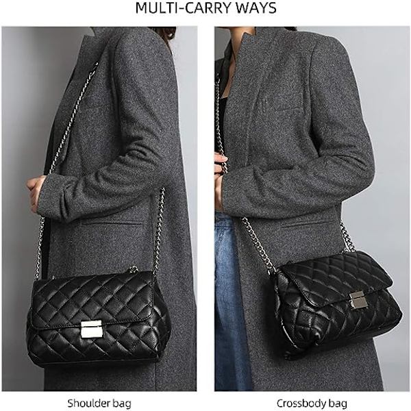 Läder Quiltad Axelväska Klassisk Crossbody Handväska med Metallkedja Svart