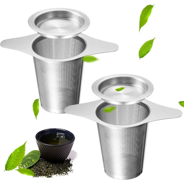 Rustfrit Stål Te-Filter, 2 Styk Te-Filter med Låg, Te-Sigte med Låg, Dobbelt Håndtag Te-Filter, til Tekander, Kopper, Krus til Brygning af Løste Te