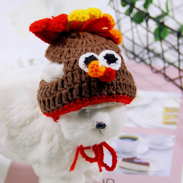 Kostyme for katt, kalkunhatt, Halloween, Thanksgiving-fest, håndlaget heklede kjæledyrkalkun-hodeplagg, kostyme for små hunder og kattunger (brun)