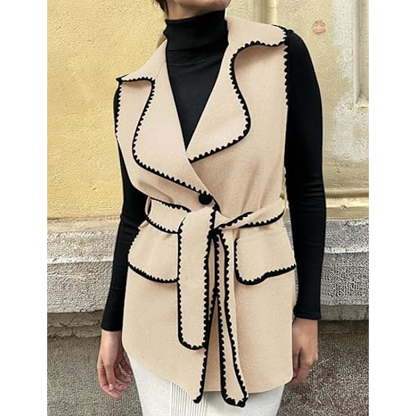 (M) Dame Vinterjakker V-hals Knapper Belte Lommer Ermeløs Cardigan Høst Varmt Lang Vest Jakker