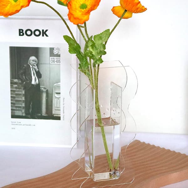 Klar akrylvase, geometrisk akrylblomstervase, stor bølgeformet
