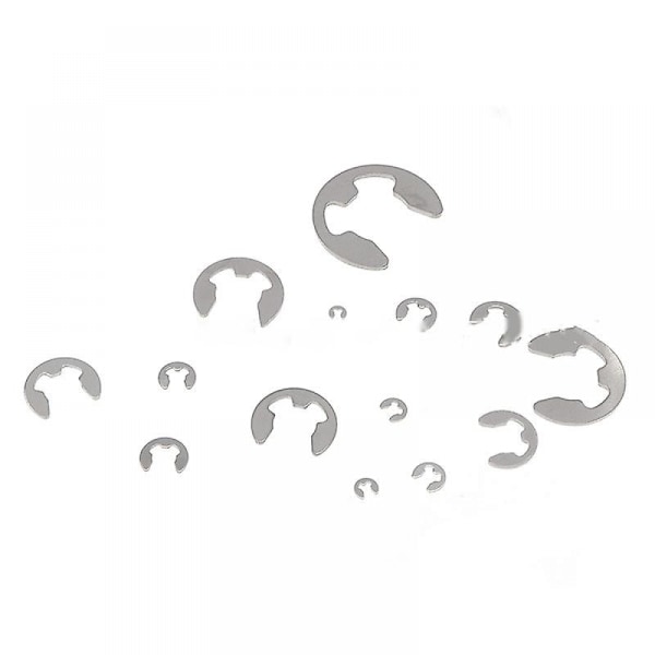 E-klips, sikringsring, sortimentsett, 390 stk, rustfritt stål, 1,5 mm til 15 mm