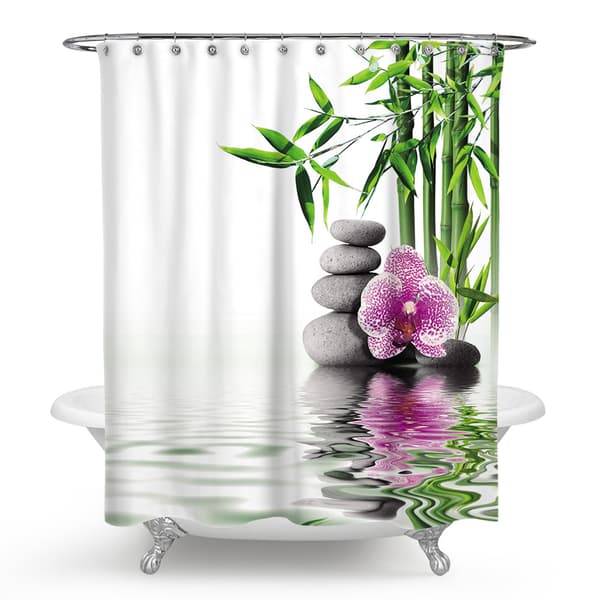 Vit duschdraperi med krok bambu blomma duschdraperi rosa，
