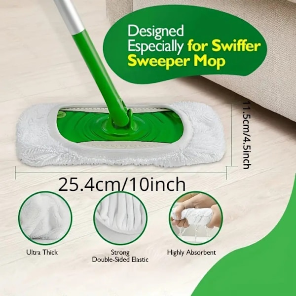 Pakkauksen uudelleenkäytettävät mikrokuitumoppityynyt, jotka ovat yhteensopivia Swiffer Sweeperin kanssa - Pestävät märkä- ja kuivakäyttöön, lattianpuhdistusmoppipäät siivoukseen