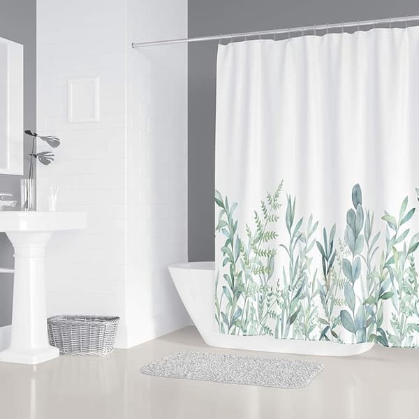 Textil Duschdraperi med Gröna Blad och Blommor Mönster - Wi
