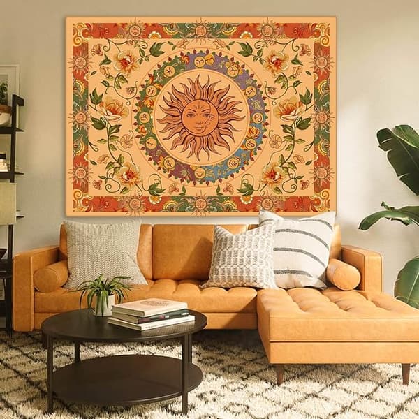 Gul Sol og Måne Gobelin Hippie Indie Gobeliner Boho Orange