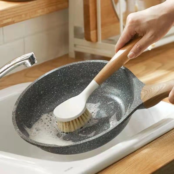 Kitchen Dish Brush Bamboo Handle Dish Scrubber Built-in Scraper,