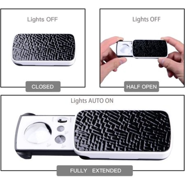 Lommelygte med forstørrelsesglas - 30 x 60 x 90 x multi-power lille bærbar smykke LED-forstørrelsesglas med UV-lys