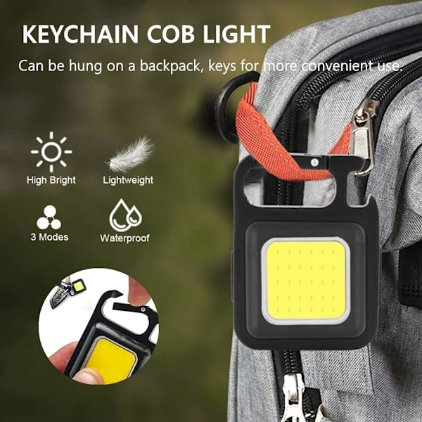 Nøkkelring LED lommelykt, USB oppladbar liten COB multifunksjon