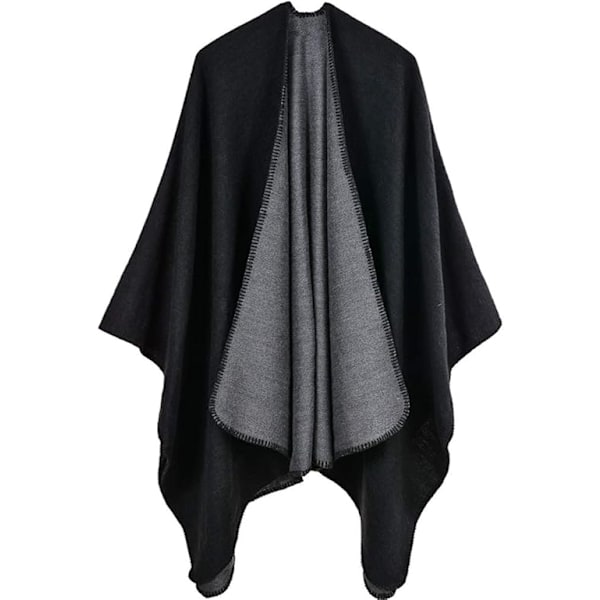 Women's Poncho Open Front Cardigan Winter Reversible Cape Oversized Printed Cloak Plaid Knitted Tartan Blanket Bohemian Geometric Pattern Shawl (Blac