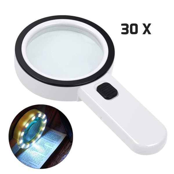 LED-läslupp, dubbla glaslinser med 30x förstoring.