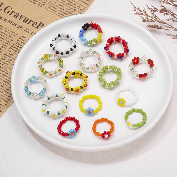 Boho 15stk Blomsterfarvede Perleringe Justerbare Ringe Kvinder Børn Smykker Gaver