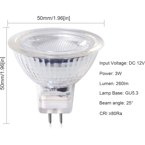 MR16 LED-pære GU5.3 12V, 3W LED-spotpære, GU5.3 dobbeltstiftbase, varm hvid 3000K, 30W halogenækvivalent til indbygget skinnespotsystem (10 stk.)