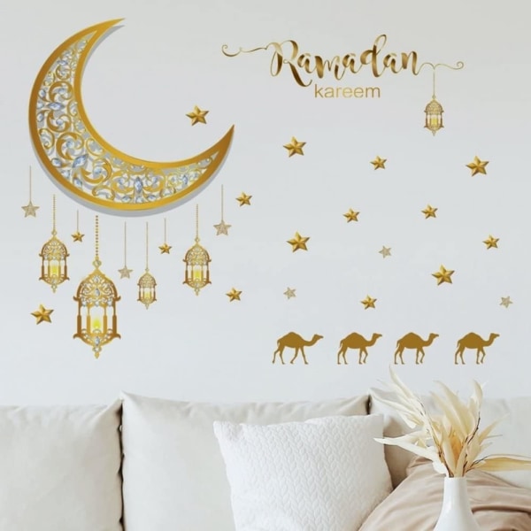 Ramadan Eid Mubarak Väggdekor Moon Star Lantern Decal Self Adh