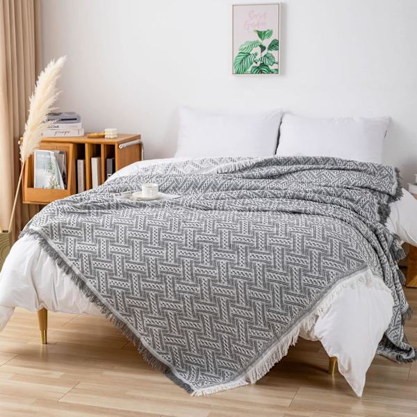 Lysegrå Sofatæppe Vendbart Alsidigt Sofakast Stort Størrelse med Frynser 90x150cm