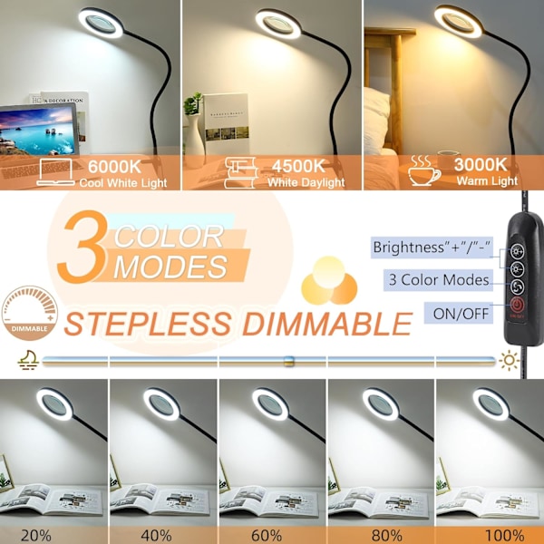 Forstørrelsesglas med Lys og Stativ, 2-i-1 Fleksibel Svanenhals Skrivebordslampe med Klemme, 3 Farvetilstande, Trinløs Justerbar Belyst Forstørrelsesglas