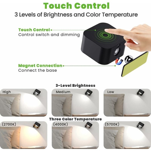 Indendørs væglampe, 3 niveauer lysstyrke og 3 temperaturer touch LED væglampe, 360° rotation væglampe, vægmonteret sengelampe USB opladning væglamper soveværelse stue gang - sort