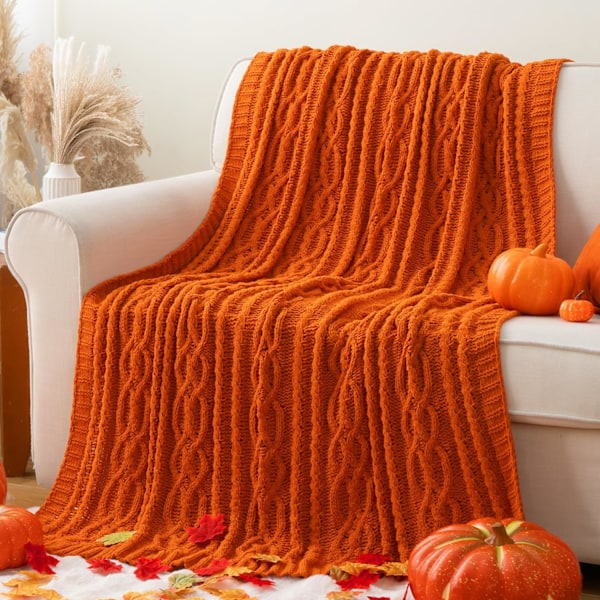 Orange filt 130 x 170 cm Varm höstfilt för soffa, Halloween filt, vävd chenille stickad filt, supermjuk, mysig, höstdekorativ filt