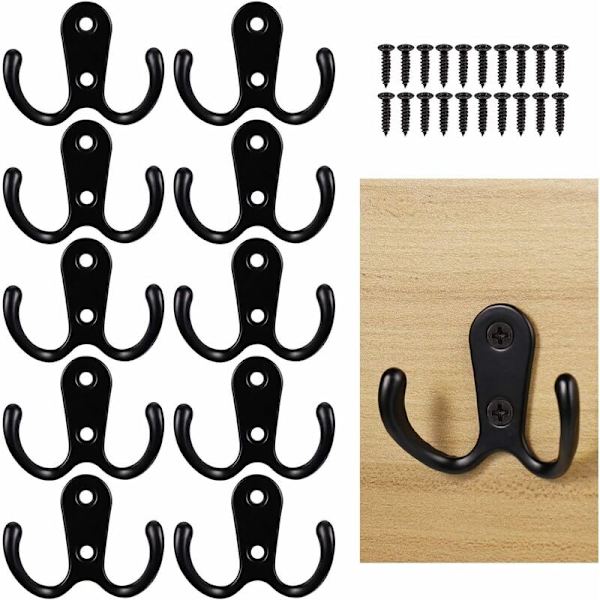 10-pack klädkrokar, svarta väggmonterade klädhängare, dubbla C