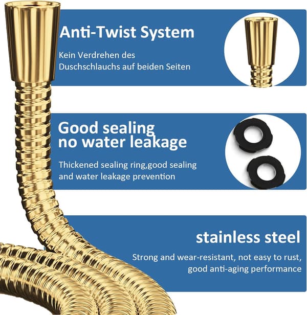 Guld brusehoved - 1,5 m brusehoved, anti-twist rustfrit stål brusehoved