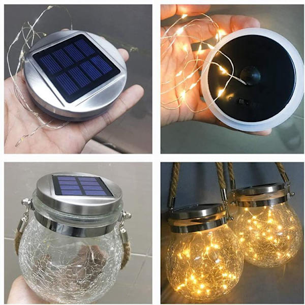 Sæt med 2 solcellelanterner til udendørs brug, LED-solcellelys med revnet glas, W