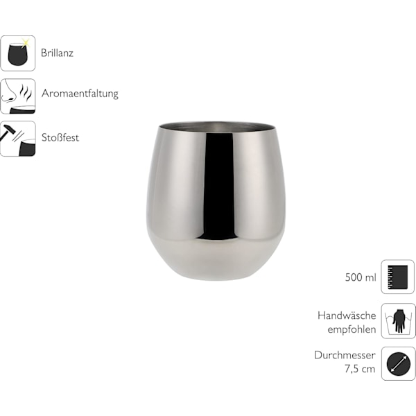 Set med 6 rostfria vin- och vattenglas, silverutgåva, 500 ml, 10 x 7,6 cm, 10 x 7,6 cm