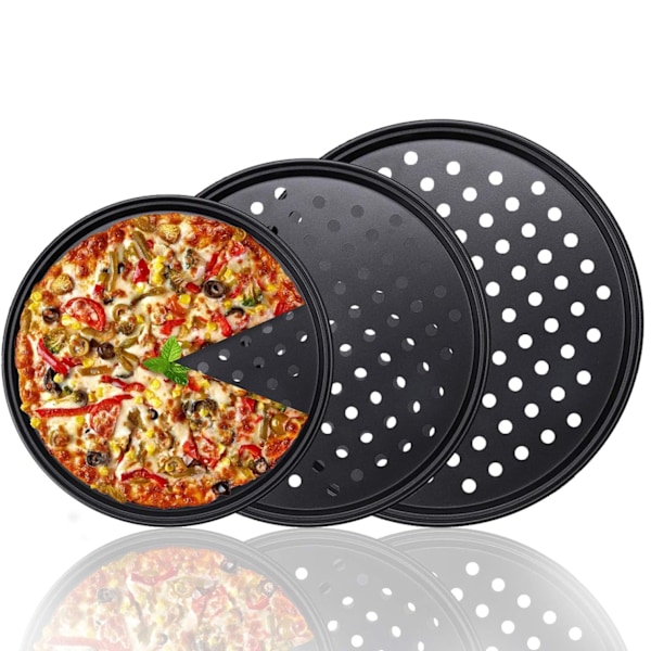 3 stk Runde Pizza Bageplader Non-Stick med Perforerede Huller - 24cm, 28cm, 32cm - Kulstofstål Pizza Pan til Hjemmekøkkenovn (3 stk)