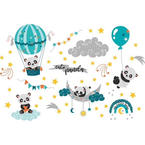Panda kuuma ilmapallo pilvet seinätarra, seinätarra