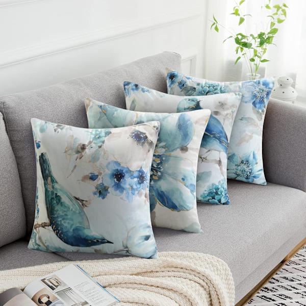 4 stk. pudebetræk dekorativt firkantet pudebetræk med blomster- og fuglemønster 45 x 45 cm sofa bil hjem dekoration pudebetræk blå