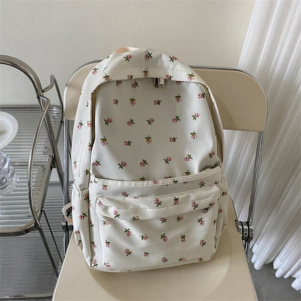 Söt Preppy Väska Blommig Tryckt Kawaii Ryggsäck Estetisk Ryggsäck Laptop Dagryggsäck (Vit)