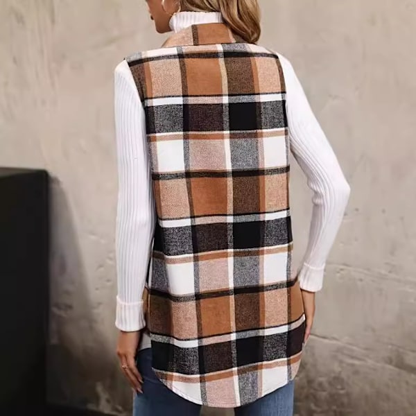 (M) Kvinnors Rutig Västjacka Casual Lapel Krage Knapp Fram Ärmlös Blazer Jacka Ytterkläder