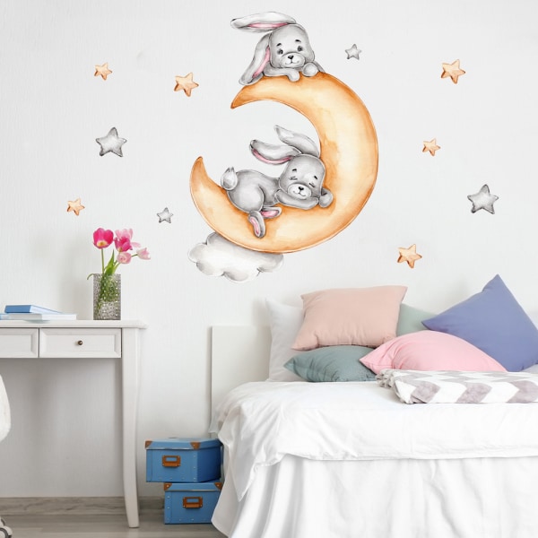 En set kaniner på månen moln stjärnor väggdekaler dekorativa