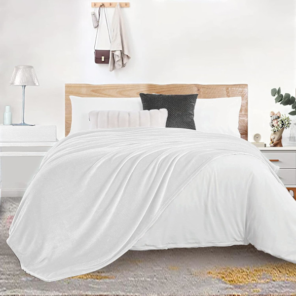 Flanellfilt 130 x 160 cm - Tjock, mjuk och varm filt för enkelsäng - Högkvalitativt rutigt mönster - Vit