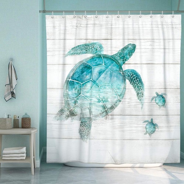 Marinblå badgardin för badrum stranddekor, blå sköldpadda