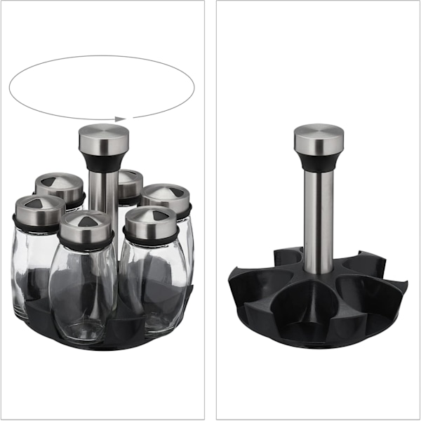 Kryddkarusell, 6 burkar, Ställ, Roterar 360º, HxD: 17 x 15,5 cm, Plast, Svart/Silver