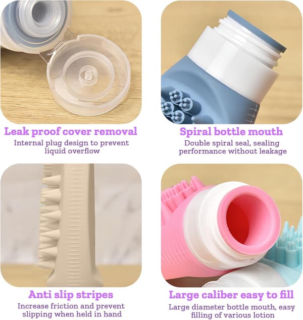 Set med 4 90 ml påfyllningsbara reseflaskor i silikon | Läckagesäkra påfyllningsbara flaskor | För schampo, duschgel, lotion, kosmetika | Flygplansresekit
