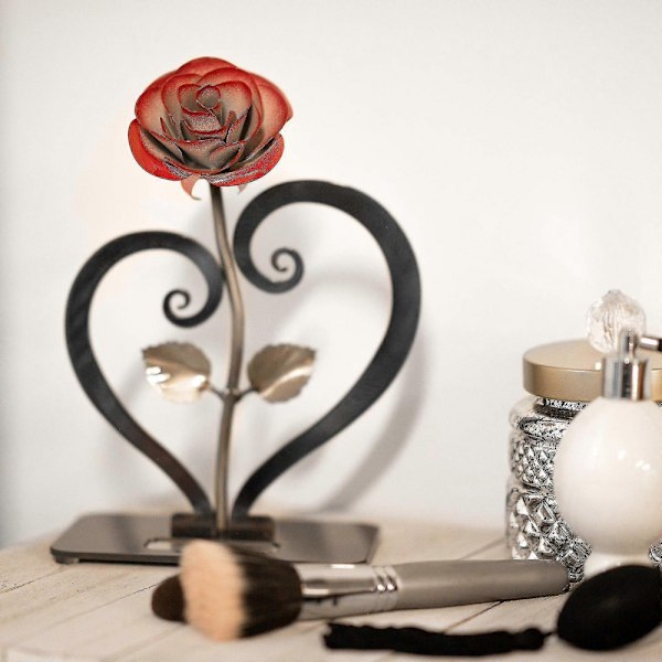 Gave Håndsmedet Jern Rød Metal Rose Med Hjerteformet Stativ